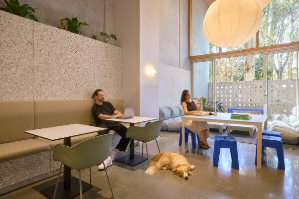 Fliteboard Office Fitout in Byron Bay, featuring polished concrete floors, double-height glazing, pendant lighting and a refined contemporary workspace.