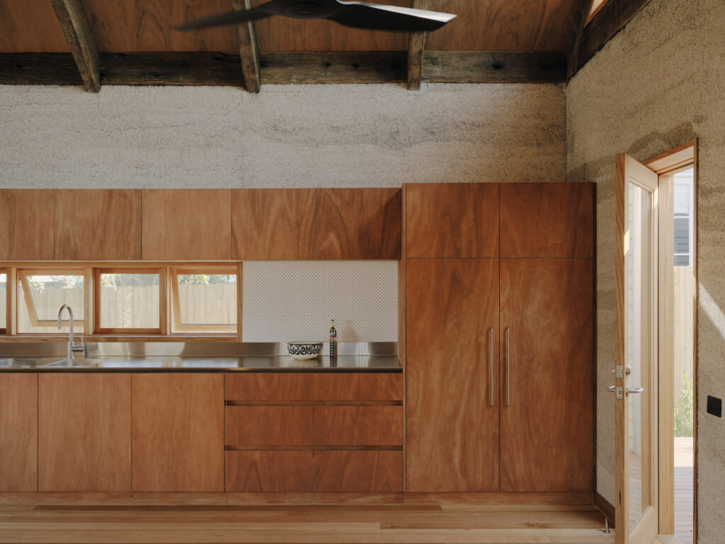 Hempcrete interior and timber cabinetry in the Glaneuse renovation in Point Lonsdale, Victoria.